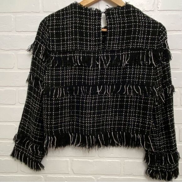 Zara Fringe Plaid Black White Top Western Chic Boho Academia Small office Siren - Picture 3 of 15